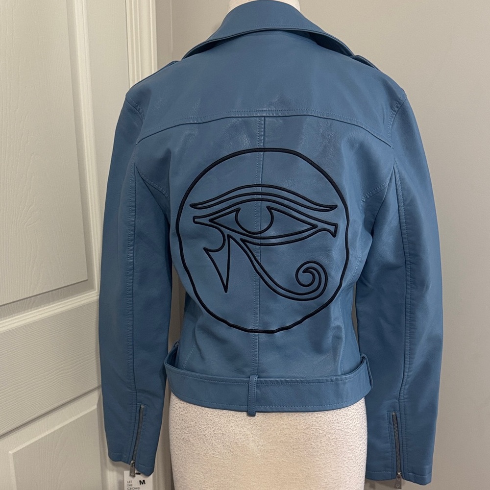 In X Out blue moto cropped jacket with 3rd Eye / Eye of Horus design, size M